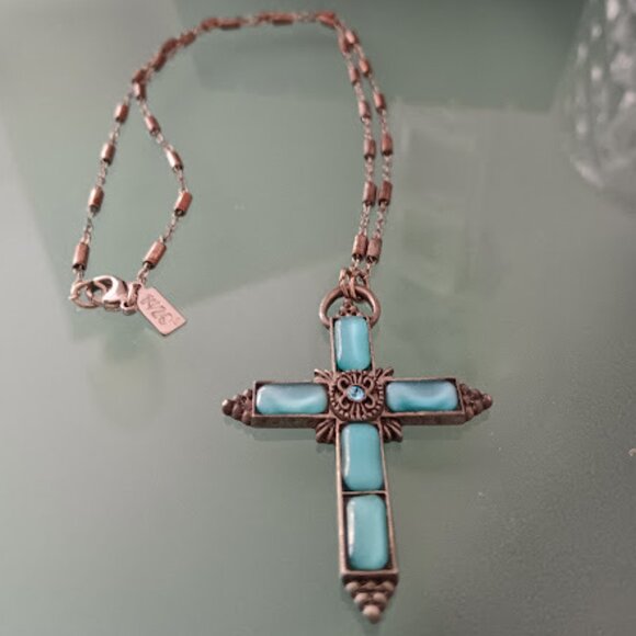 1928 Jewelry - 1928 JEWELRY SYMBOLS OF FAITH Dark Silver Aqua Blue Moonstone Cross Necklace